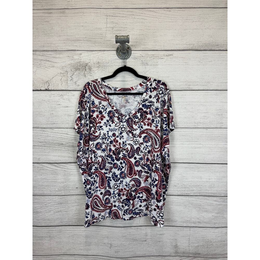 Belle Kim Gravel Plus Size Red White Blue Paisley Floral V-Neck Top Size 4X